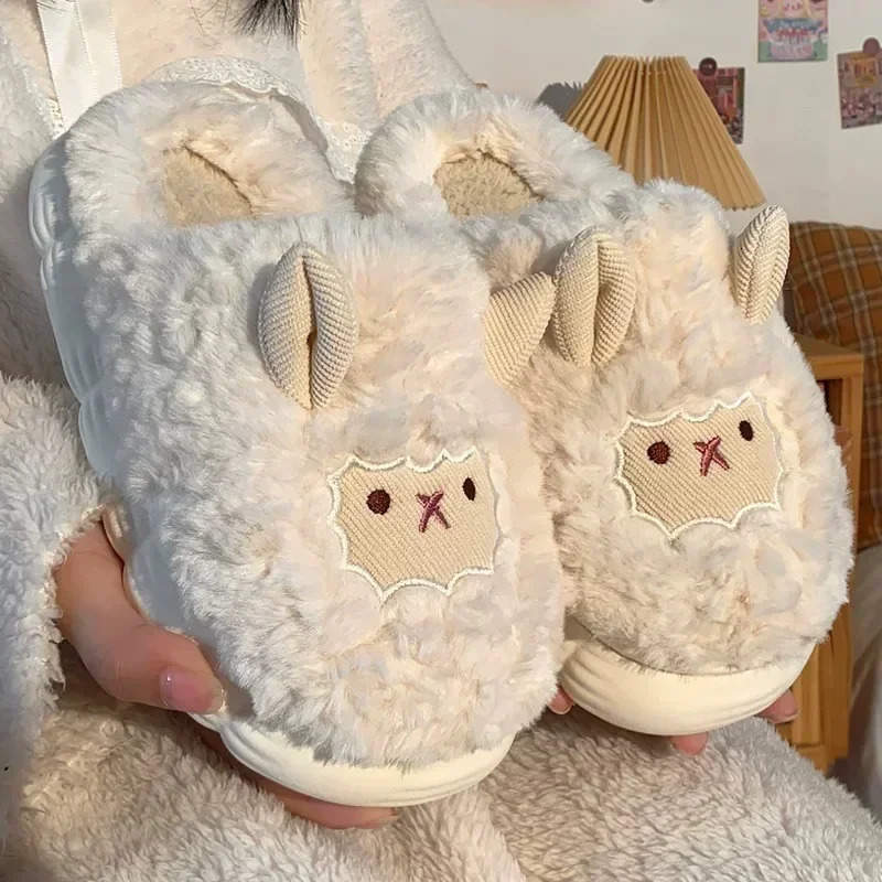 Winter Cartoon Plush Slippers Warm Fluffy Faux Fur Sheep Indoor Home Couple Cotton Slippers for Men And Women251020