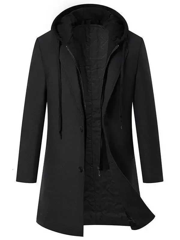 Mens Thickened Hooded Fake TwoPiece MidLong Wool Coat Solid Color Slim Fit Windbreaker Outerwear for Autumn and Winter S3XLT251025