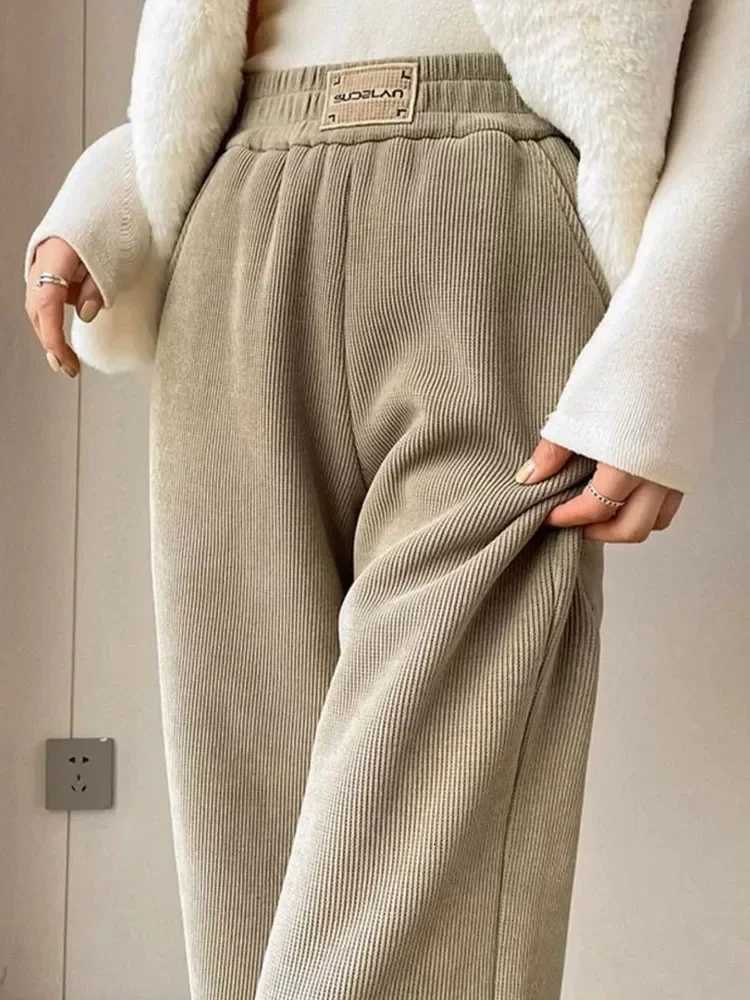 Winter Warm Thicken Lambswool Straight Pants Women Casual Elastic High Waist Fleece lined Wide Leg Pantalones Chic Baggy CalcaT251025