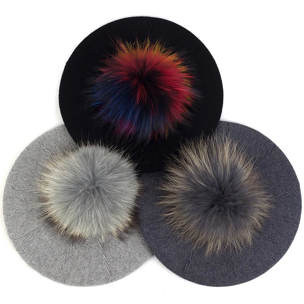 Geebro Female Winter Berets with 15 cm Real Ball Pom Hat For Women Girls Knitted Cap Thick WomenS Slouchy Skullies Beanies 251023