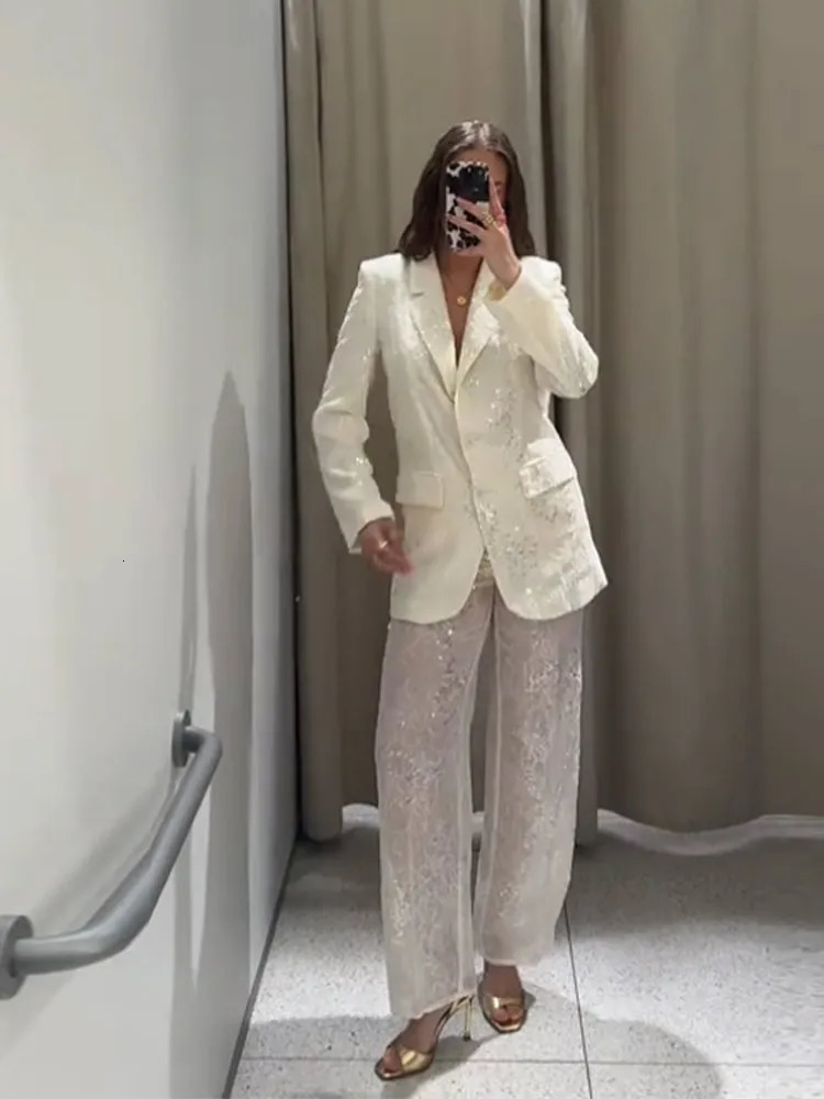 Sequins Suit Perspective Pants Casual Womans Set Lapel Glitter Loose Coat Sparkling Solid Color Straight Pants Women Chic Sets 251021