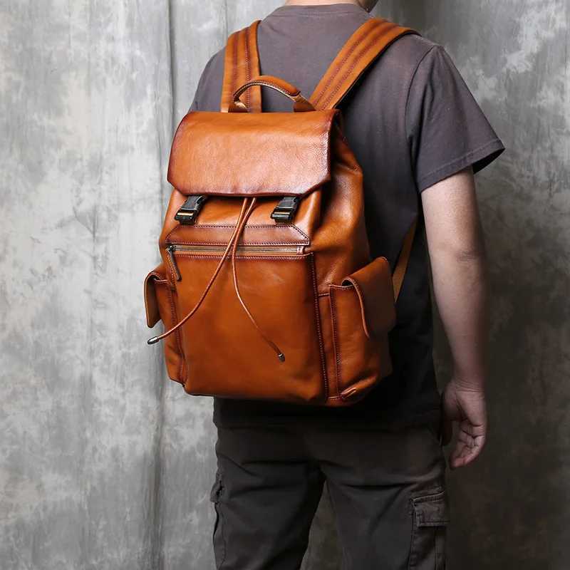 Solid Color Highcapacity Tree Cream Genuine Leather Backpack With Simple Drawstring Top Layer Cowhide 15 Inch Computer Bag W251025