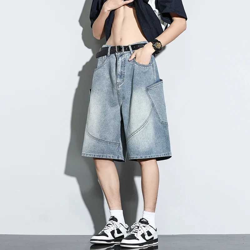 2025 Summer New Baggy Denim Shorts Fashion Casual Straight Harajuku Jeans Male Vintage Wash Drawstring Short Pants StreetwearXJ251025