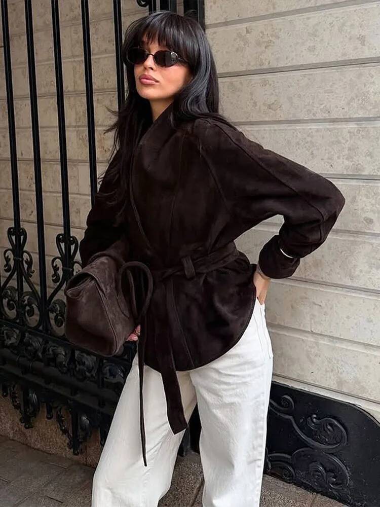 Vintage Suede Jackets Women Loose V Neck One Button Long Sleeves Belt Coat Female 2025 Autumn Fashion Solid High Street Outwears dongdumaoyi