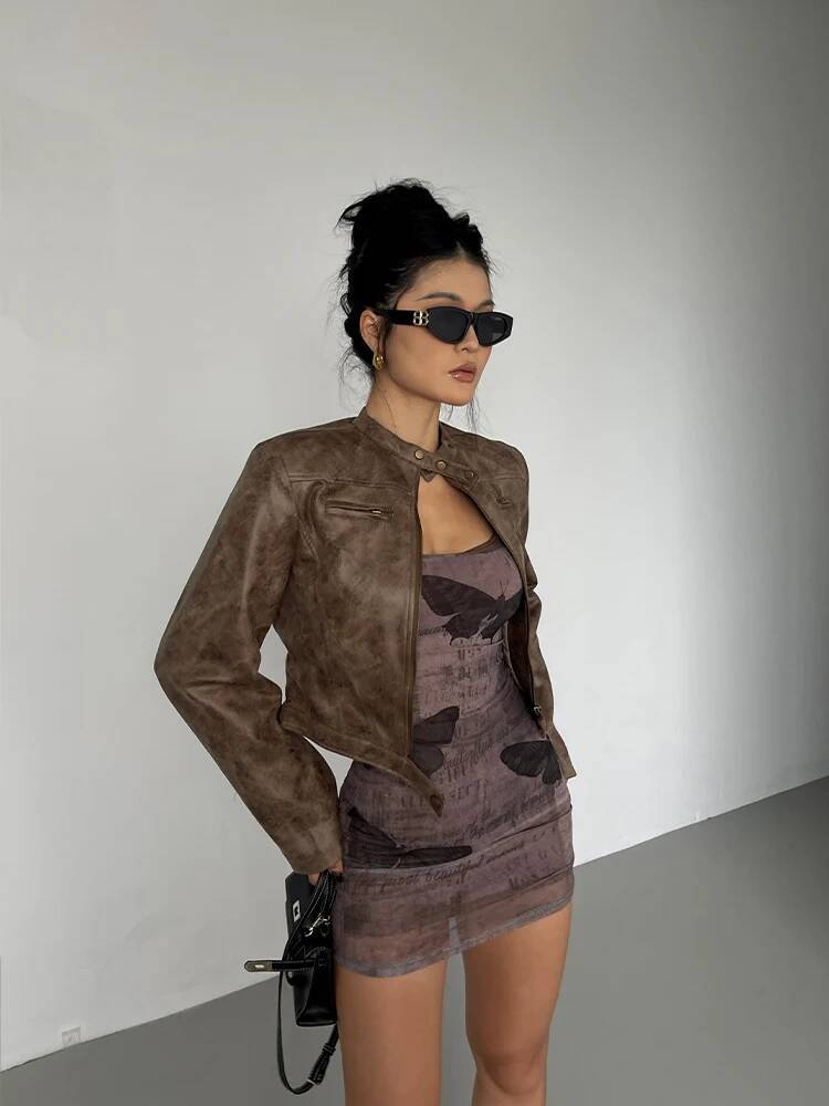 Stand Collar Leather Coat Women Autumn New Straight Tube Slim Short Motorcycle Jacket Korean Sweet D8FN dongdumaoyi