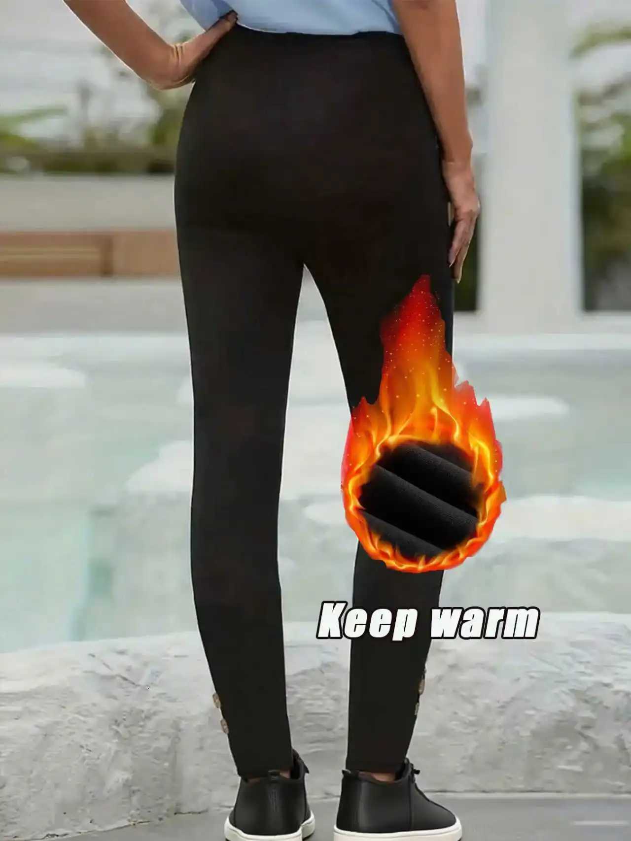 Winter Warm Fleece LinedWomens High Waist Slim Pants Black Buttoned Ankle Thermal Trousers Elastic Waist Keep WarmT251025