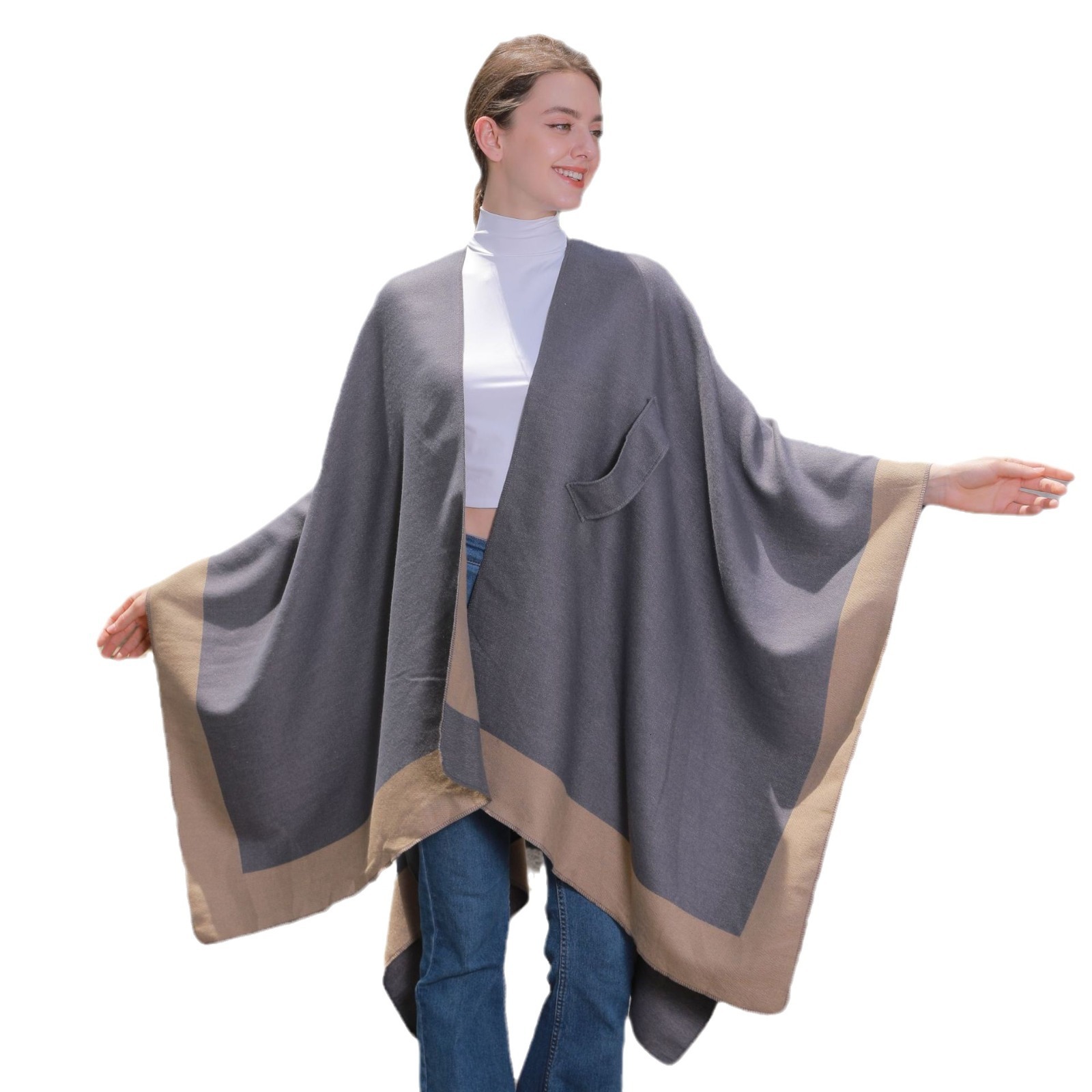 HotSelling LaceUp Split Shawl Womens DoubleSided Imitation Cashmere Split Cape Cardigan