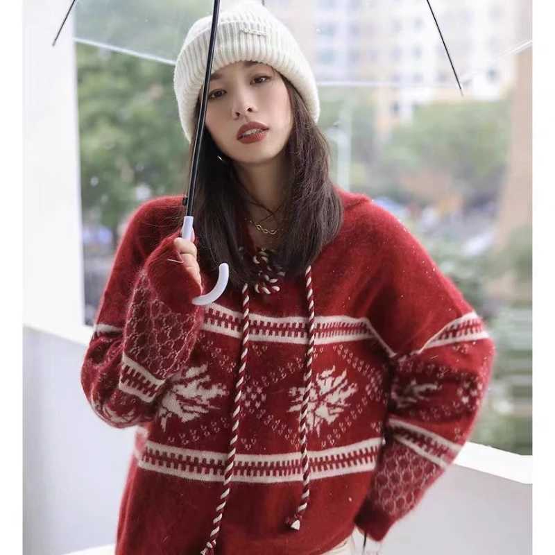 100 pure wool cashmere sweater womens 2024 autumn and winter new hooded collar pullover fashionable loose knit plus size topT251025