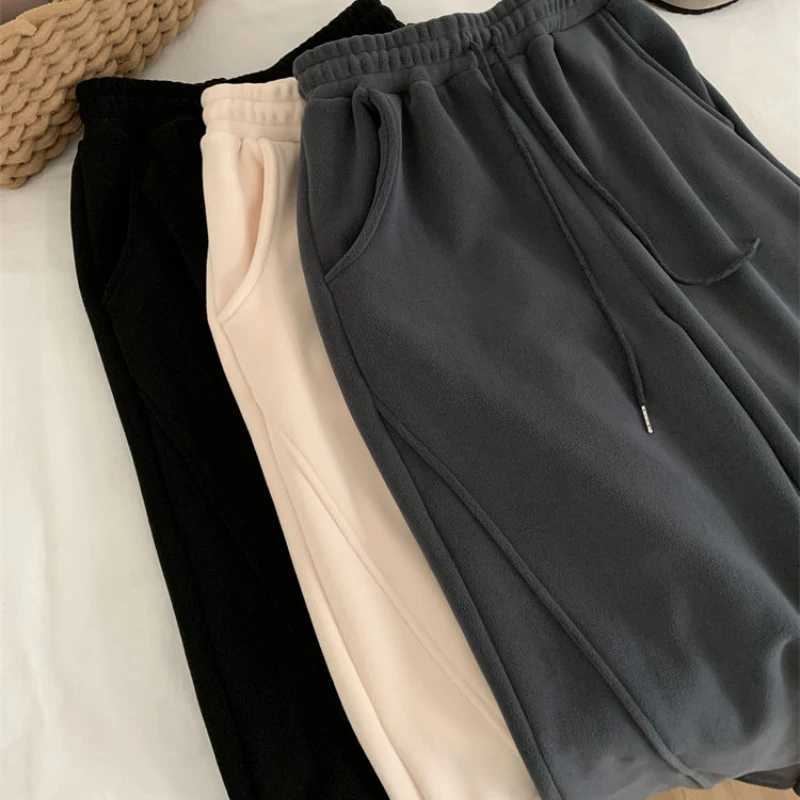 Polar Fleece Pants Women High Waist Baggy Wide Leg Sweatpants Thickening Straight Drawstring Warm Stitching Straight TrousersT251025
