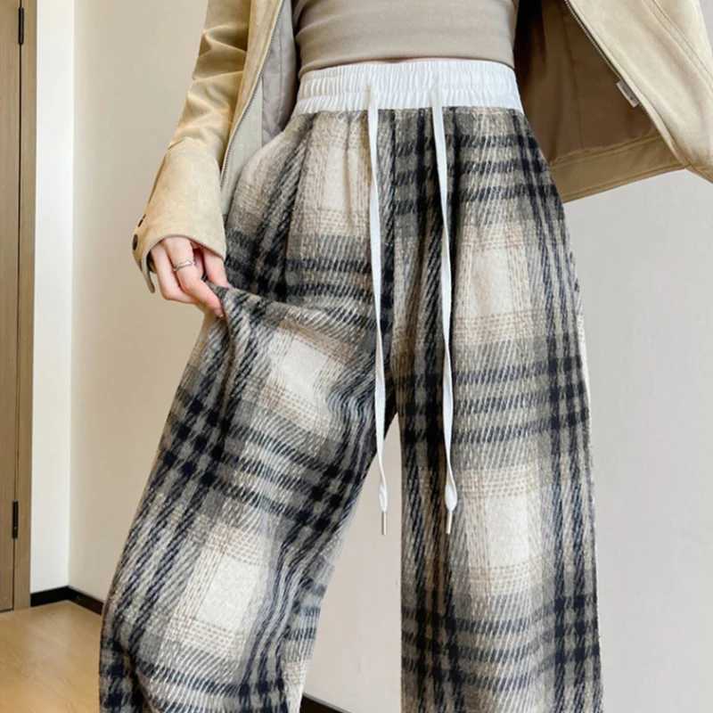 2025 Autumn Winter Plaid Woolen Pants Women Y2K Fashion Streetwear Straight Pants Patchwork Elastic Waist Wide Leg Trousers LadyT251025