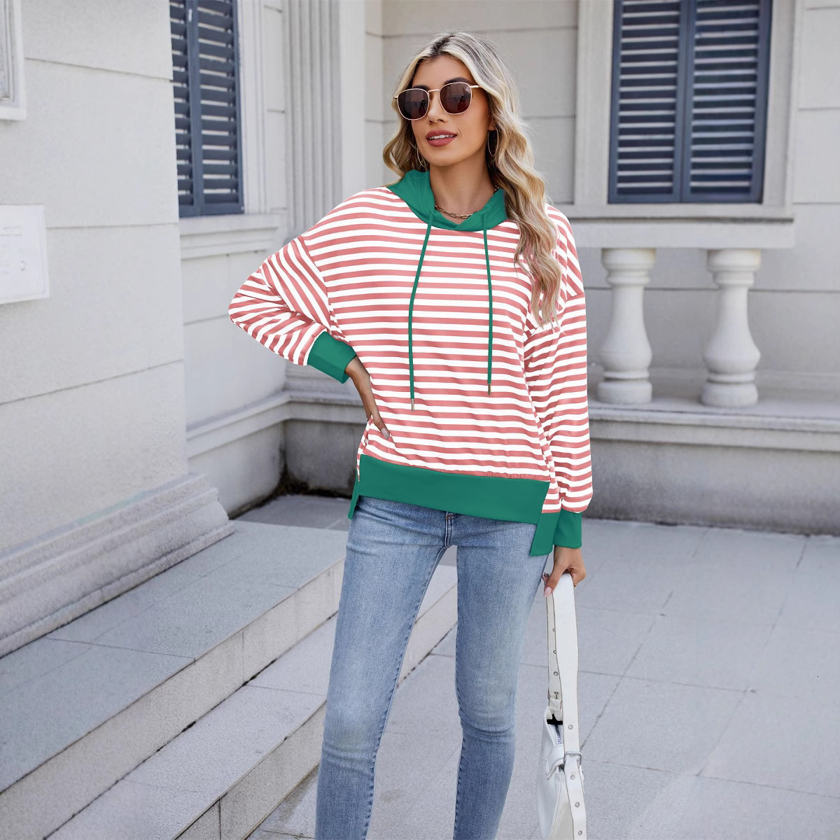 2025 Spring Summer New Loose Striped Sweatshirt Color Block Irregular Top