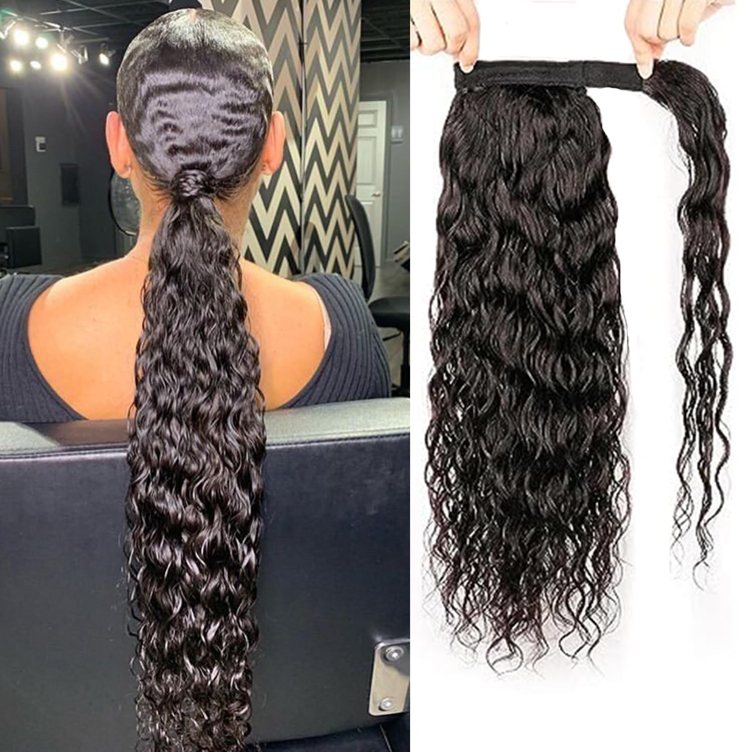 Human Hair Ponytail Water Wave Magic Paste Wavy Natural Curly Ponytail 100% Real Remy Hair Natural Black Pony Tails Hair For Black Women