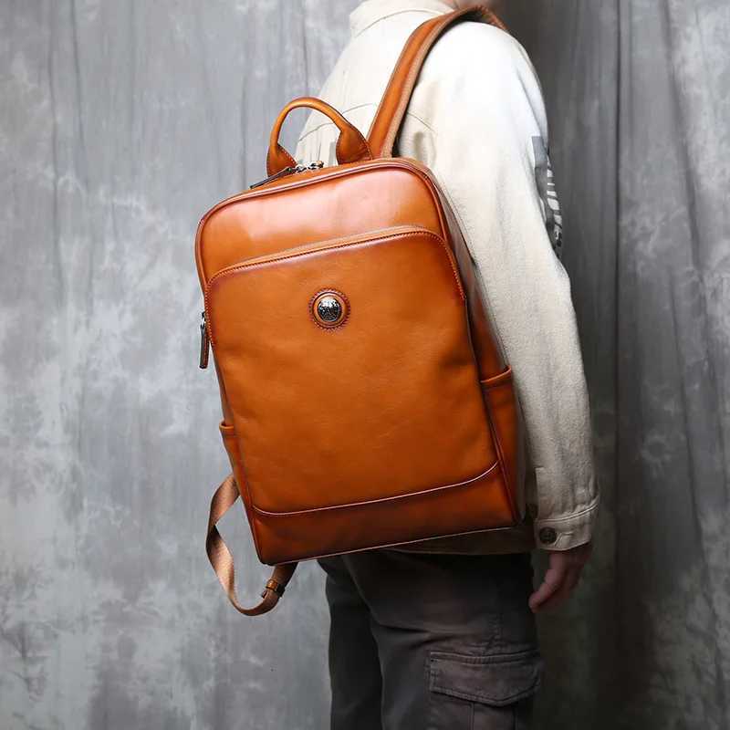 Vegetable Tanned Cowhide Shoulder Backpack Mens Head Layer Cowhide Vintage Casual Multifunctional Large Capacity Computer Bag W251025