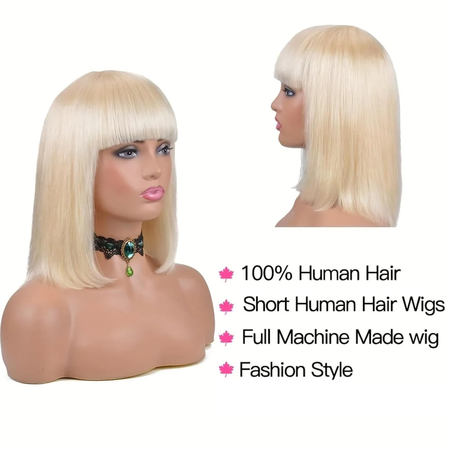 613 Blonde Bob Wig with Bangs Human Hair Silky Straight Glueless 8-16 Inch Short Hair for Women Daily Party Use