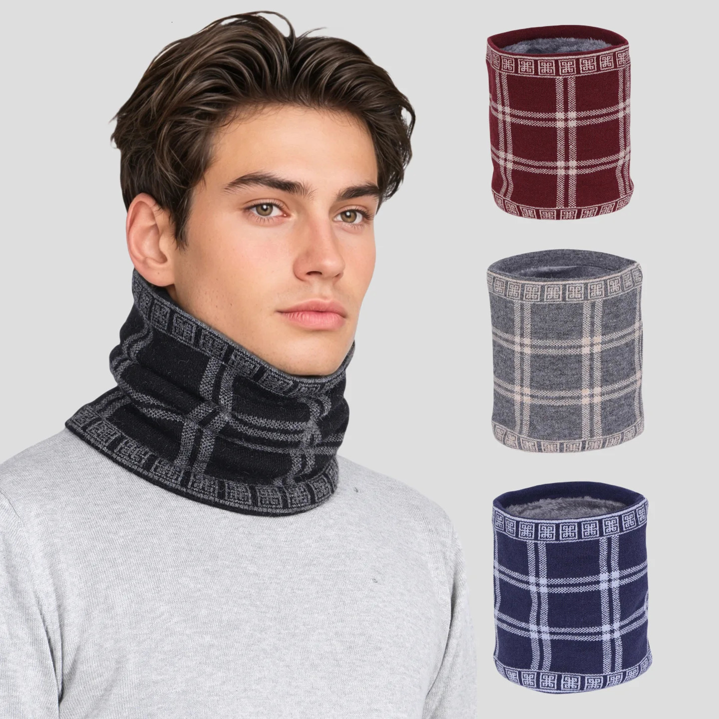 Winter Men Windproof Thickened Neck Gaiter Cashmere Warm Plaid Neckerchief Fashion Simple Knit Neck Cover Ring Scarf 251020