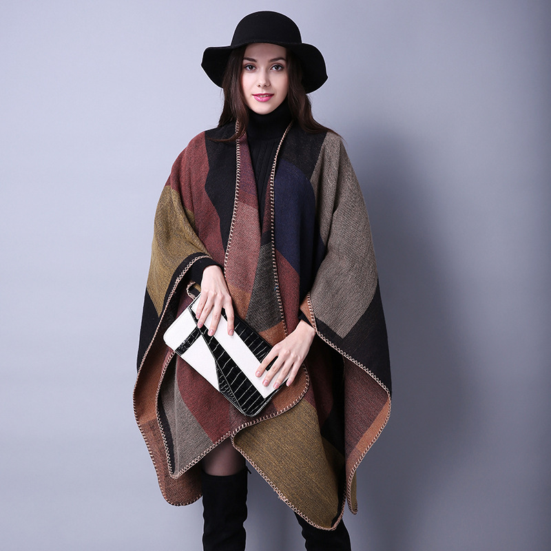 Autumn Winter Scarf Versatile Plaid Womens Travel Shawl Imitation Cashmere Ethnic Style Split Thickened Cape