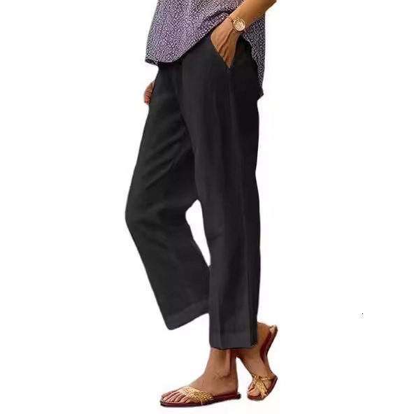 2025 Women's Cotton Linen Loose Solid Color Elastic Waist Pocket Straight Casual Pants
