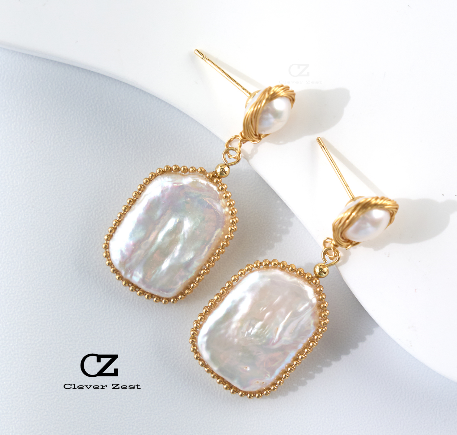 Natural White Square Baroque Wrapped Earrings 14K Gold-Filled Fashionable Versatile Trend Anniversary Gift Best Friend Gift