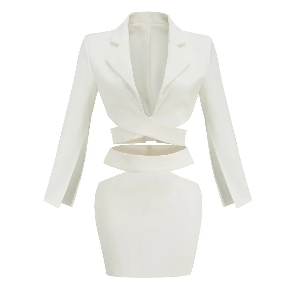 Fashion Sexy Notched Collar Hollow Out Jacket Office Ladies Slim Chic Long Sleeve White Blazer Skirt Set Women Outfits 251023