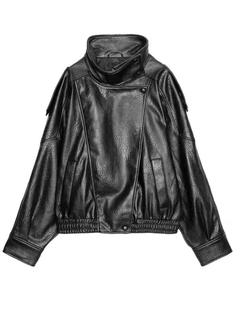 Street PU Leather Loose Jacket Women Fashion Solid Full Sleeve Stand Collar Single Breasted Coats Female Autumn Lady Coat 251020