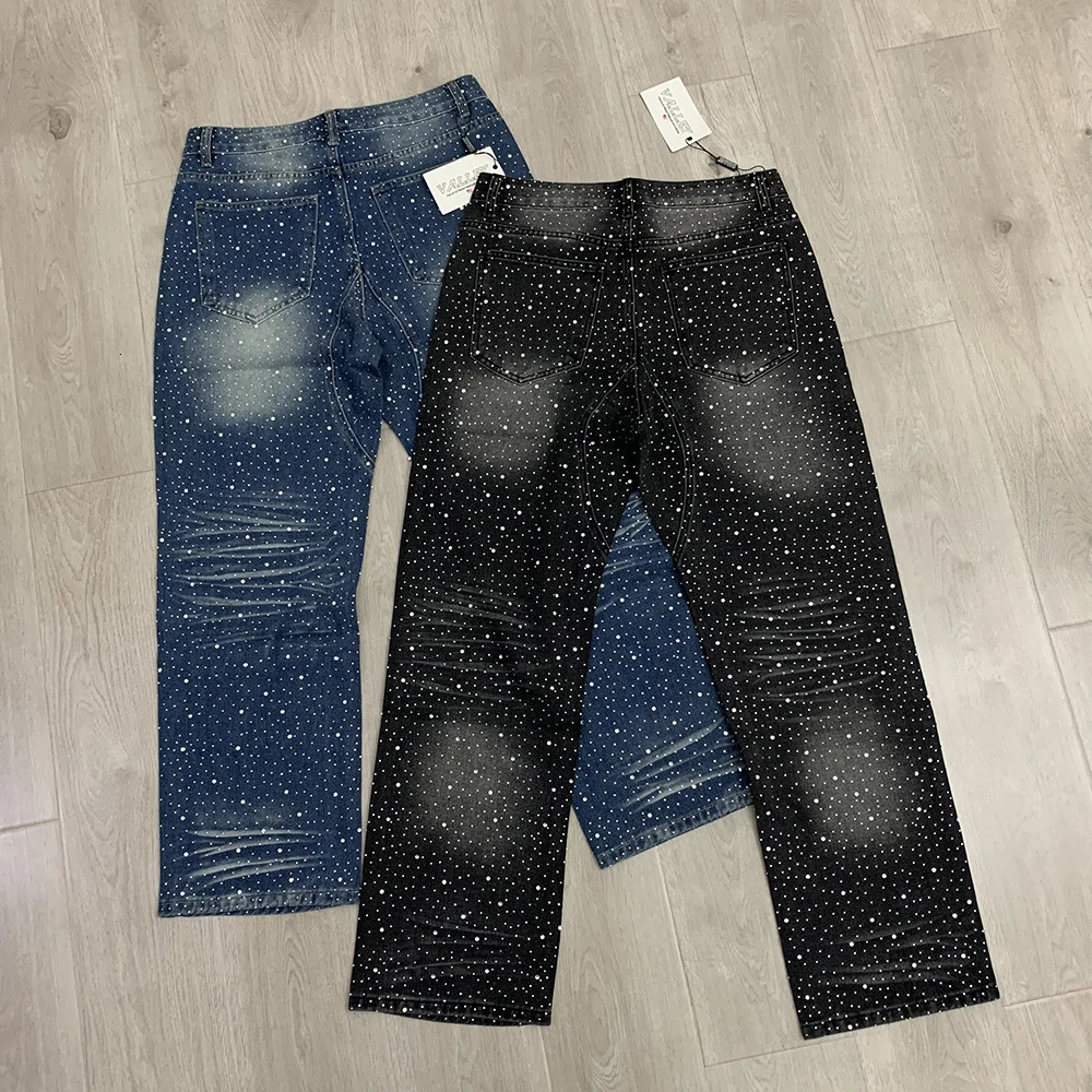 Vintage Shinning Rhinestone Washed Hole Distressed Baggy Jeans Pants for Men Straight Casual Loose Ripped Denim Trousers 251023