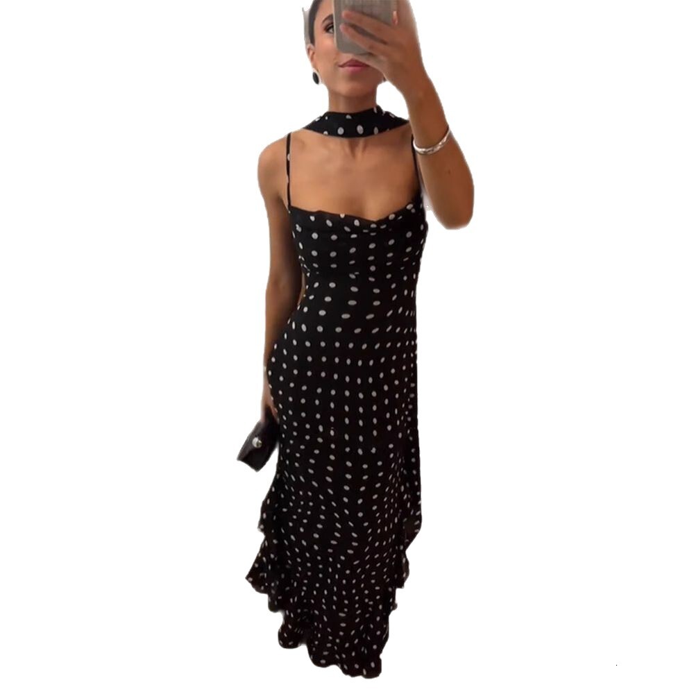 Designer elegant high-end sleeveless polka dot scarf collar pleated belt new dress
