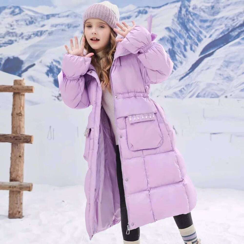 Winter Warm Girls Fashion Long Plain Fur Hooded Zip Puffer Jackets School Kid Thick Snow Coat Children Outfit Windbreaker 5-16Yr