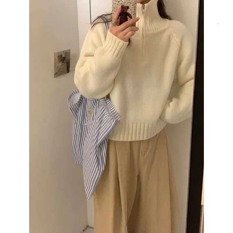 Autumn Winter Long Sleeved Half Zipper Pullover Sweater Turtleneck Sweet Lapel Loose Tops Casual Knitted Elegant Korean JumperT251025
