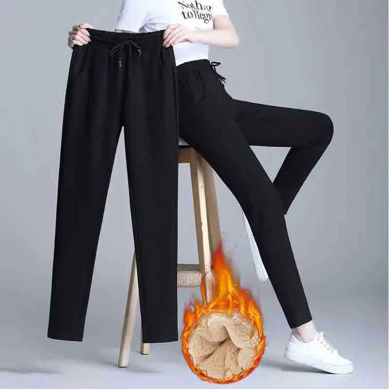 Korean Fashion Fleece Thicken Women Black Sports Pants Autumn Winter Elastic High Waist Slim Streetwear Versatile Casual TrouserT251025