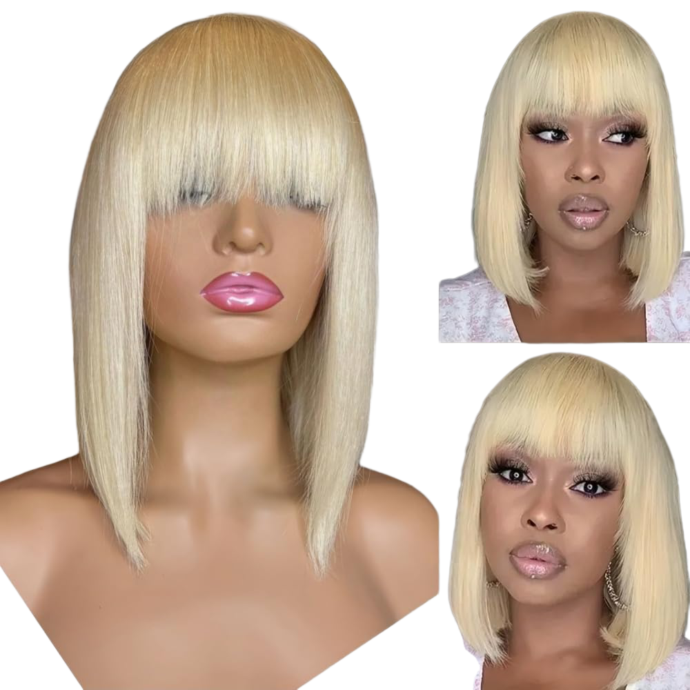 613 Blonde Bob Wig with Bangs Human Hair Silky Straight Glueless 8-16 Inch Short Hair for Women Daily Party Use