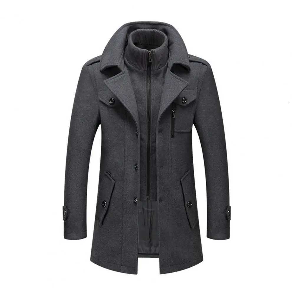 Autumn and Winter Men Woolen Coat Double Stand Collar Long Sleeve SingleBreasted Jacket with Pockets Midlength Outwear 2024T251025