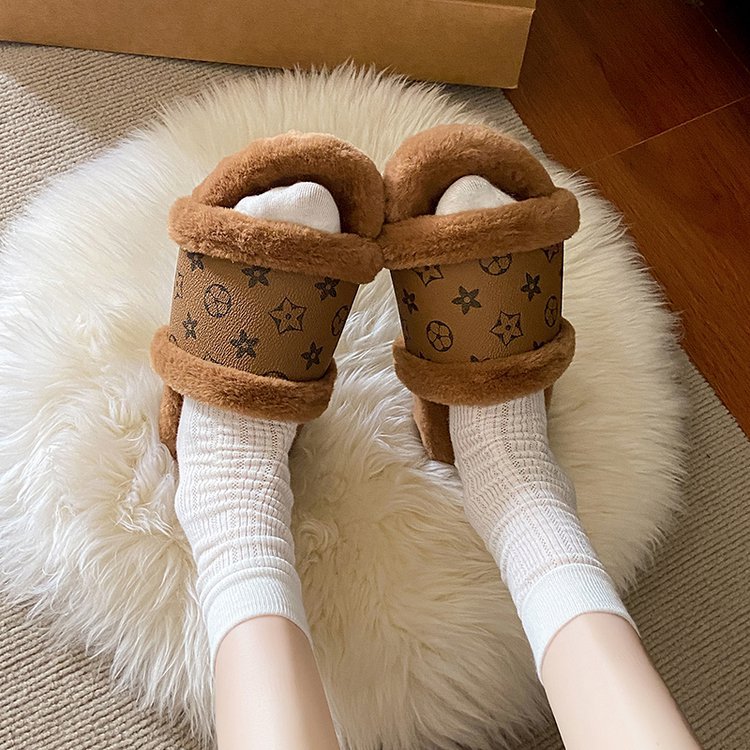 Free shipping flat woolen slippers for women's outerwear in autumn and winter, classic and fashionable with fleece warmth, anti-slip cotton slipp