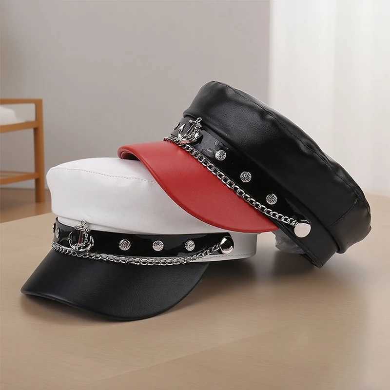 Fashionable New Color Block Casual Versatile Anchor Chain Belt Tag Artistic Retro Flat Top Hat Y251025