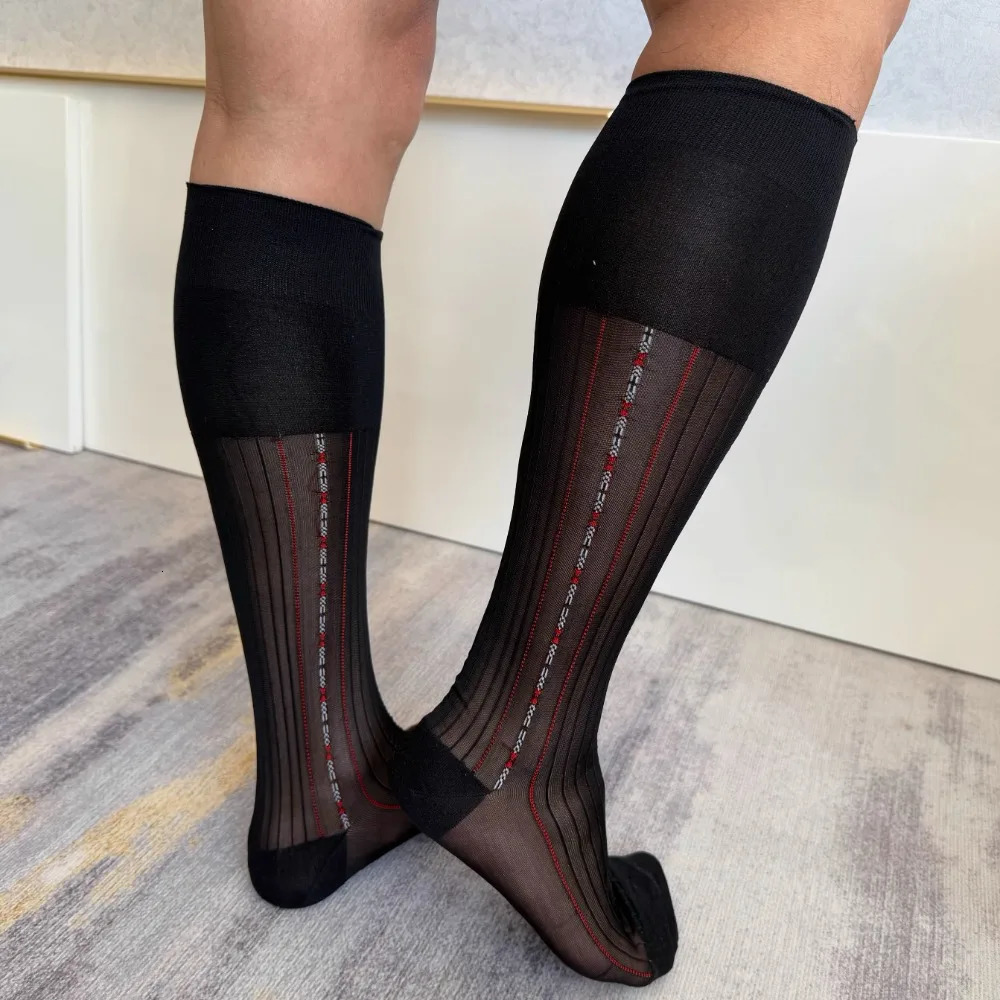 Man Socks Men Transparent Sexy Stockings Ultrathin Hight Tube Socks Sheer Elastic Striped Business Socks Formal Stockings 251023