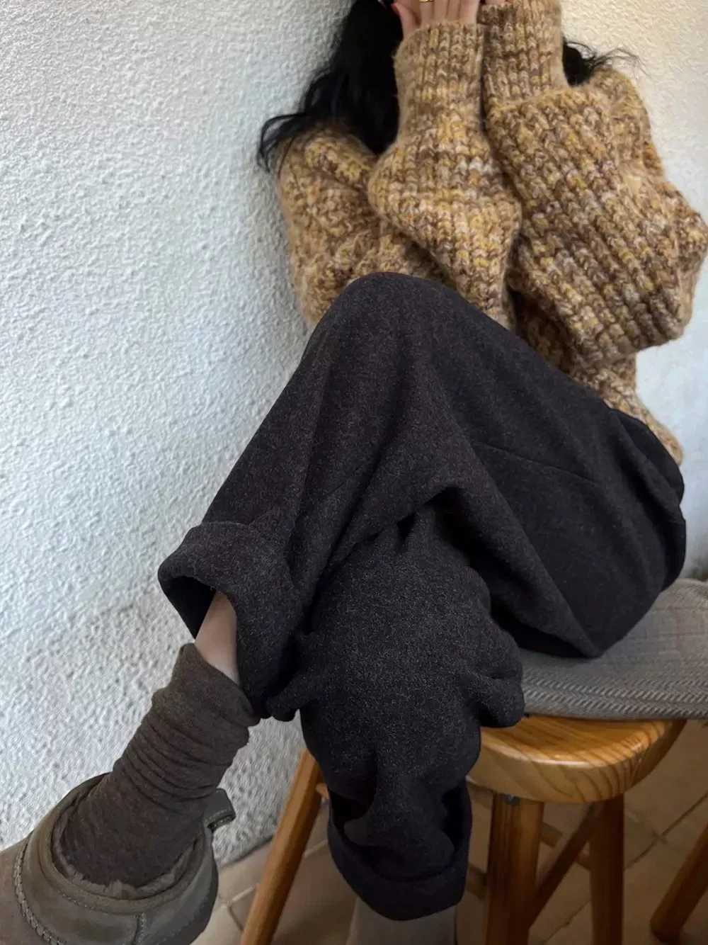 2024 Chic Women Casual Loose Pockets Woolen Suit Pants Autumn Winter High Waist Thicken Korean Ladies Solid Harem TrousersT251025