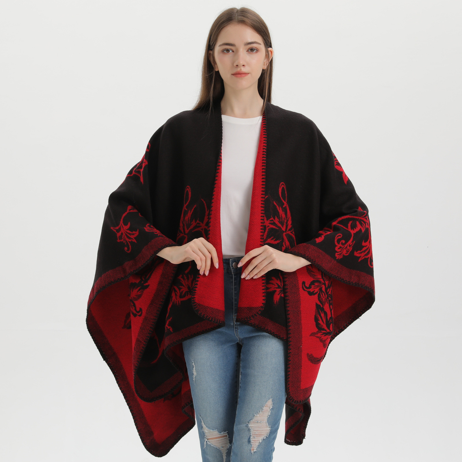 Womens Shawl New Autumn Winter Imitation Cashmere Jacquard Split Warm Thickened Shawl Cape Hot Sale