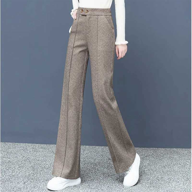 Big Size Thick Wool Blend Straight Pants Korean style Woolen Wide Leg Pants Womens Winter Casual New High Waist Loose TrousersT251025