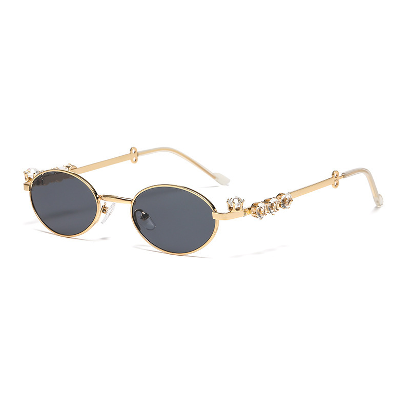 Cross-Border New Viral Street Style Sunglasses Unique Metal Y2K Diamond-Studded Oval Small-Frame Glasses Direct from Manufacturer