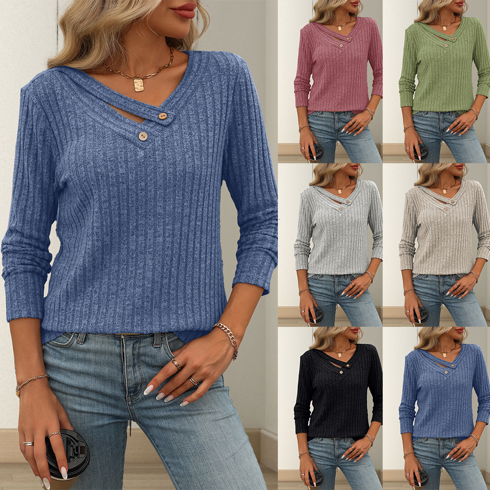 2025 New Womens Clothing Independent Knitted Top Long Sleeve Button Solid Color Vneck Women