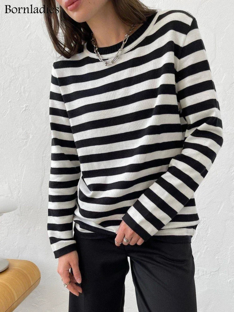 Bornladies Knitted Stripe Sweater Women 2025 Autumn Winter Loose Casual Thick Pullovers Female Warm Longsleeved Round Neck Tops 251023