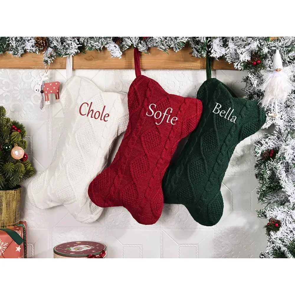 Custom Bone Christmas Stocking Dog Bone Knitted Christmas Stocking with Name Bone Holiday Stocking for Dog Santa Sack Kid Gift C251024