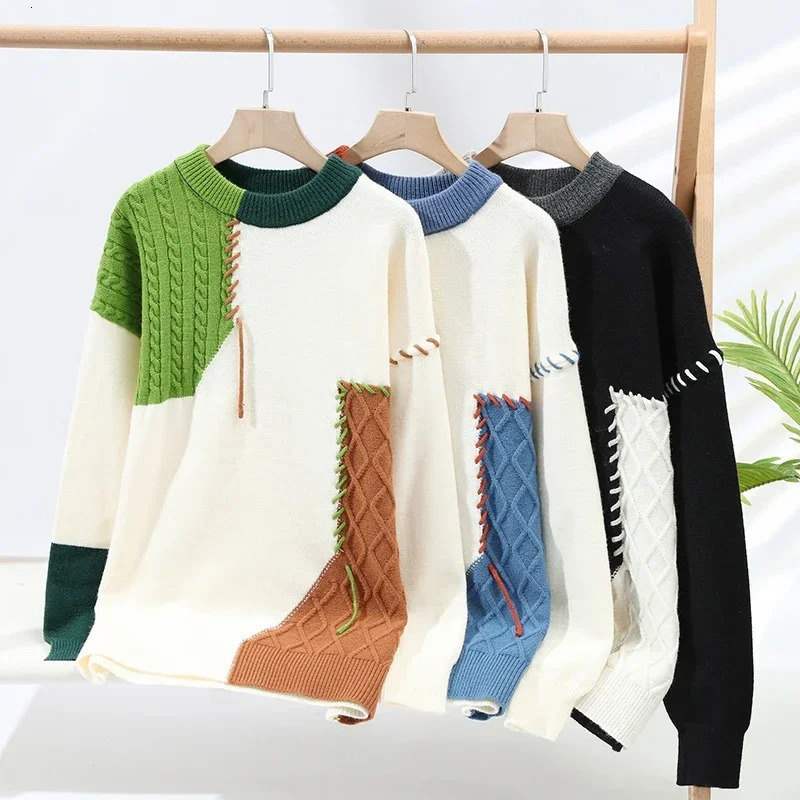 2025 Male Patchwork Sweater Trend High Street Fashion Autumn and Winter Warm Mens Hiphop Clothing Men pullover shirt 251015