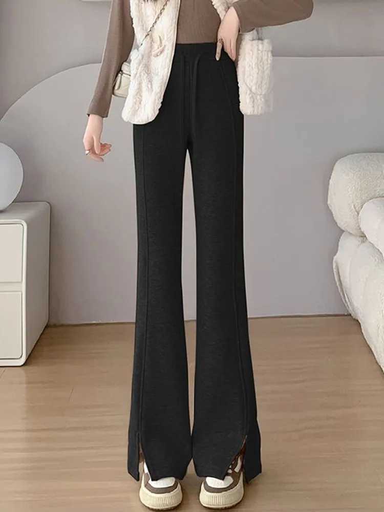 Split Design Thicken Slim Flare Pants Women Elastic High Waist Velvet Lined Wide Leg Pantalones Winter Warm Casual Solid CalcaT251025