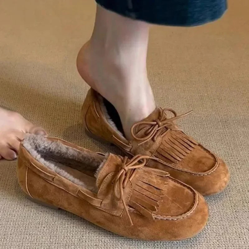 Shoes for Women Warm Womens Flats Daily Casual Flats Women Bow Tie Fringe Round Toe Soft Bottom Shoes Ladies 251023