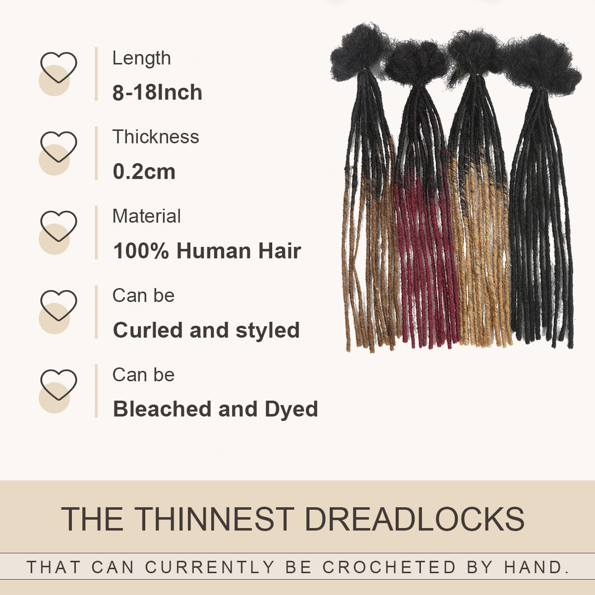 Handmade Locs Human Hair 10 Strands 02cm Real Human Hair Dreadlocks for Men Women Permanent Locs Can Be Dyed Bleached Curled Needled