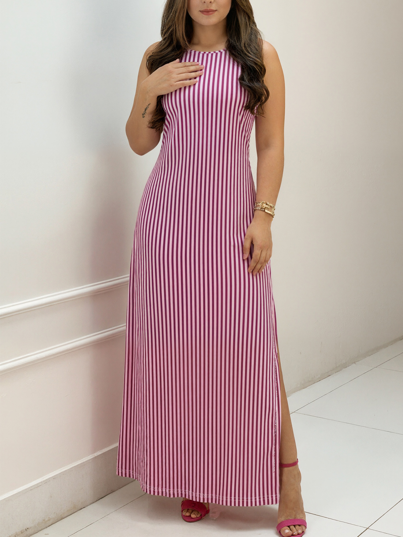 Spring Summer Autumn New Women's Outing Streetwear Casual Elegant Striped Printed Spaghetti Strap Dress with Side Slit, Milk Silk Deep Pink Dress