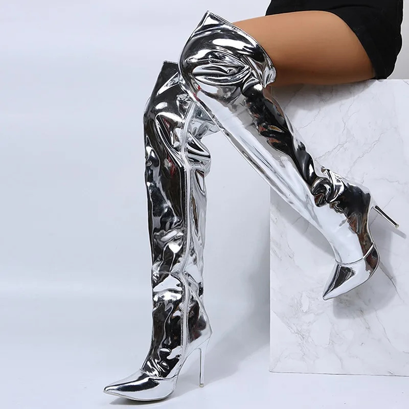 Sexy Silver Mirror Thigh High Boots Women T Show Pointy Toe Club Party Shoes Thin High Heels Over The Knee Long Boots For Women 251023