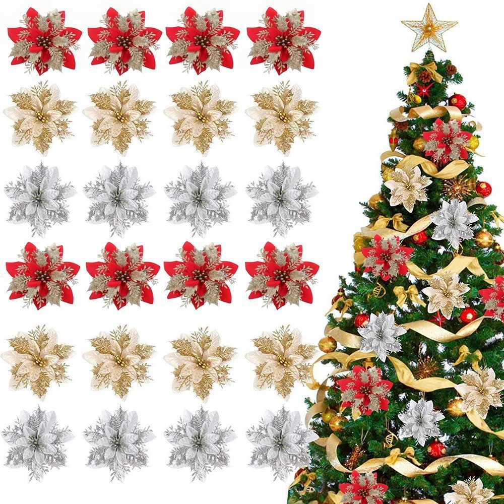 510pcs 145cm Christmas Flower OrnamentsPinkRedGoldGlitter Artifical Flowers For Christmas TreeXmas Decoration For Home C251024