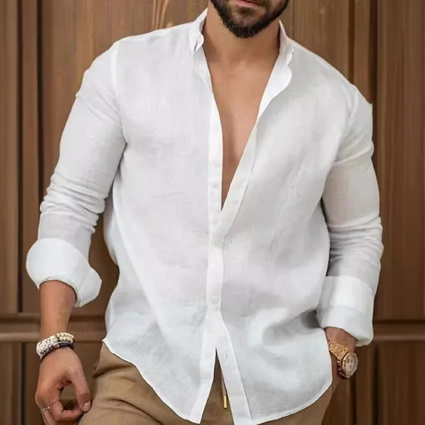 Solid Color Cotton Linen Plain Shirt Men Classic Buttonup Lapel Long Sleeve Shirts Spring Summer Fashion Loose Mens Top Shirts 251023