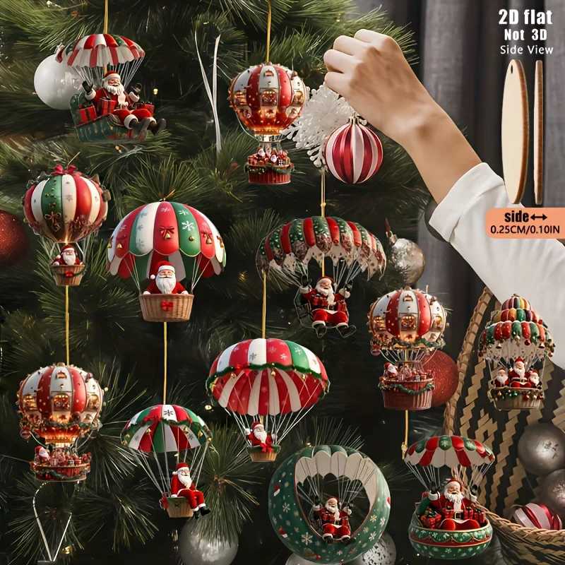 12pcs Christmas Tree 2D Wooden Hanging Decoration Set with Mobile Santa Claus and Hot Air BalloonXmas Perfect Holiday Gift Deco C251024